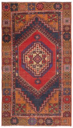 One-of-a-kind vintage rug, hand-knotted in Ortakoy, Turkey. 100% wool. Dimensions: 3'6" x 6'2" (107 cm x 188 cm). Color palette: crimson red, navy, spiced pumpkin orange Spiced Pumpkin, Crimson Red, Bath Linens, Vintage Turkish Rug, Pumpkin Orange, Bedding Shop, Vintage Turkish Rugs, How To Take Photos, Vintage Rug