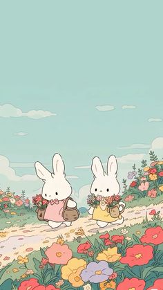 two rabbits walking down a road with flowers in the foreground and a sky background