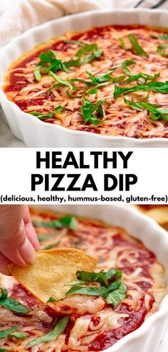 two images showing the process of making healthy pizza dip