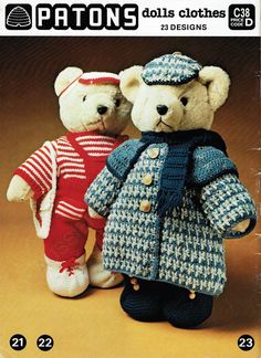 two teddy bears are dressed in clothes and knitted hats, one is wearing a coat