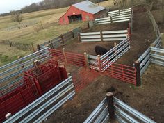 an aerial view of some cattle in their pens