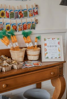 there are many small baskets on the table with carrots and other things in them