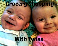 two babies laying next to each other with the words grocery shopping with twins on them