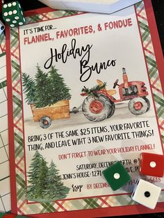 a holiday card with a tractor and christmas tree on it, surrounded by other cards