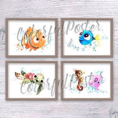 four watercolor paintings of fish and seahorses with the words, disney's finding