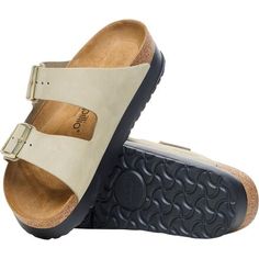 As part of Birkenstock's female-focused Papillio line, the Women's Arizona Platform Narrow Sandal takes a classic Birkenstock silhouette and infuses it with chic, feminine design elements to take its style and elegance to the next level. The sleek Birko-Flor upper provides modern style, while the suede footbed and cork midsole ensure a comfortable fit that conforms to your foot over time. It's finished off with a platform-height EVA outsole for cushy comfort and reliable traction. Classic Flat Footbed Sandals For Spring, Classic Flat Sandals With Textured Footbed, Classic Sandals With Cushioned Footbed, Classic Sandals With Cushioned Footbed And Flat Heel, Classic Slides With Leather Footbed, Classic Spring Footbed Sandals With Textured Footbed, Classic Spring Footbed Sandals, Classic Slip-on Sandals With Textured Footbed, Classic Beige Sandals With Leather Footbed