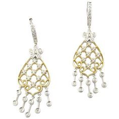 Vintage 14 Karat White and Yellow Gold Diamond Chandelier Earrings- These dazzling chandelier earrings each feature 34 round brilliant cut diamonds set in stunning white and yellow gold. Approximate total diamond weight: 1.40 ct. Diamond color: G-H Diamond clarity: SI1 Size:  42 mm x  15 mm Weight: 5.4 dwt. /  8.5 gr. Hallmark: 14K Very good condition, professionally polished. Will come packaged in a gift box and will be shipped U.S. Priority Mail Insured. Diamond Chandelier Earrings, Diamond Chandelier, Earrings Chandelier, Jewel Necklace, Vintage Jewelry Necklace, Vintage Jewels, Dream Jewelry, Diamond Clarity, Chandelier Earrings