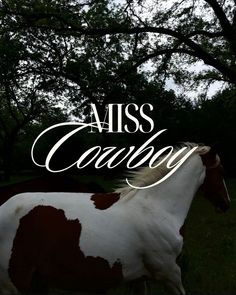 a brown and white horse standing next to a tree with the words miss candy on it