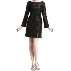 Beautiful Sue Wong Black Beaded Sequined Long Sleeve Cocktail Dress ! Bell Sleeve . Open Back . Never Worn . Dressy Mini Dress For Formal Evening, Formal Evening Fitted Mini Dress, Formal Evening Mini Dress Fitted, Knee-length Cocktail Mini Dress For Evening, Cocktail Evening Knee-length Mini Dress, Dressy Sheath Mini Dress For Cocktail, Evening Fitted Mini Dress For Dinner, Formal Fitted Mini Length Evening Dress, Elegant Mini Length Holiday Evening Dress