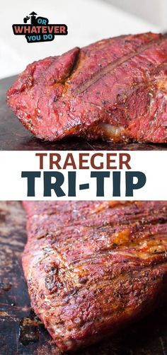 two pictures of raw meat on a grill with the words, traeger trip