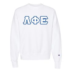 Greek - Champion Reverse Weave® Crewneck Sweatshirt customized with your fraternity or sorority letters--add a dash of distinction! A timeless piece, great for gifting the special person in your organization. Conquer your wardrobe with confidence! Spec Sheet Classic White Sweatshirt For College, Collegiate White Tops With Custom Logo, Vintage Sorority Sweatshirt, White Sorority Crew Neck Sweatshirt, White Crew Neck Sorority Sweatshirt, White Sorority Sweatshirt With Letter Print, Greek Life Sweatshirts, Alpha Delta Kappa, Alpha Phi Sweatshirt