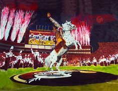 a painting of a man riding a horse on top of a baseball field with fireworks in the background