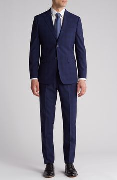 A subtle plaid elevates this trim-fit suit tailored from a wool blend with a hint of stretch and notched lapels. 36 1/4" inseam; 7 3/4" leg opening; 10 1/2" rise (size 38R) Jacket has notched lapels; chest welt pocket; front flap pockets Unhemmed Lined 90% wool, 10% polyester Dry clean Imported Suits Men Interview, Elegant Fitted Plaid Suit, Tailored Plaid Suits For Business Casual, Fitted Plaid Business Suits, Fitted Plaid Suits For Business, Tailored Plaid Suits For Office, Formal Fitted Plaid Blazer, Fitted Plaid Suit With Welt Pockets, Fitted Plaid Suit With Notch Lapel