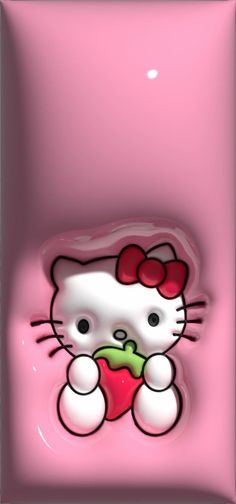 an image of a hello kitty holding a strawberry in its mouth on a pink background