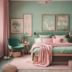 a bedroom with green walls, pink bedding and pictures on the wall above it