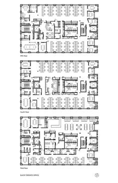 the floor plan for an office building with two levels and three floors, each with different areas