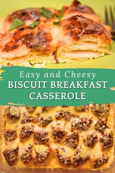 easy and cheesy biscuit breakfast casserole on a green platter