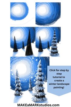 the steps to paint a winter landscape with blue and white colors