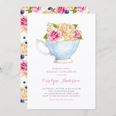 a teacup with flowers on it and polka dot border around the edges is an elegant bridal party card