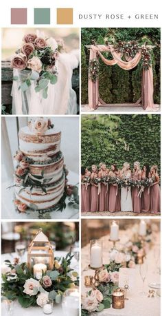 wedding color palettes for the bride and groom in pink, green, gold and white