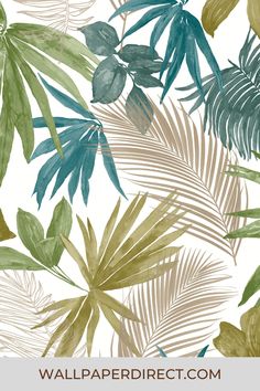 an illustration of tropical leaves and plants on a white background in shades of blue, green, yellow and beige