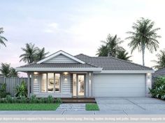 a rendering of a house with palm trees in the front yard and landscaping around it