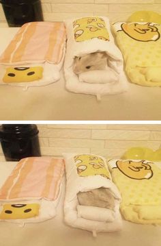 two pictures of towels folded up in the shape of beds with cartoon faces on them