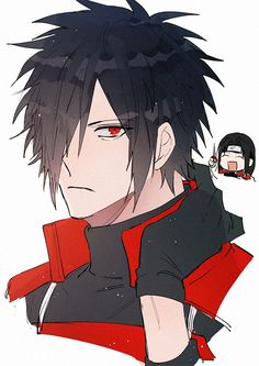 an anime character with black hair and red eyes