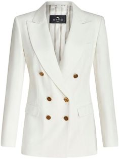 eggshell white slub texture signature Pegaso motif embossed gold-tone buttons wide peak lapels double-breasted button fastening long sleeves buttoned cuffs chest welt pocket two front flap pockets American rear vent striped lining Double Blazer, Italian Textiles, Line Branding, Double Breasted Jacket, Double Breasted Blazer, White Blazer, Blazers For Women, Flap Pocket, Outerwear Women