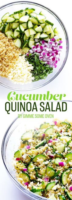 two bowls filled with cucumber, onions and other ingredients to make quinoa salad