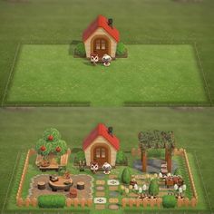 two views of a small house in the middle of a field with trees and animals