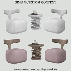 four different chairs and tables with the text sims 4 custom content