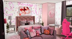 a bedroom with pink furniture and decorations in it's decorating style, including a bed