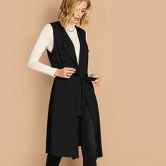 Fantastic Layering Piece! New With Tags, Black Moon River Vest. Falls Below The Knees And Has A Tie Waist For A Flattering Fit. Could Rock Over Pants Or A Dress. Size Xs. Waterfall Coat, Plain Vest, Chaleco Casual, Coat With Belt, Vest Coat, Belted Coat, Fleece Coat, Trendy Fashion Women, Outerwear Women