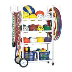 a white rack with balls and other sports equipment on it's wheels is shown against a white background