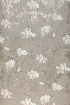 a wallpaper with white flowers and leaves on grey background in an old fashion style