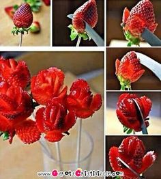 several pictures of red flowers in a vase with water droplets on the petals and stems