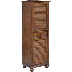 a tall wooden cabinet with two drawers and wheels on the bottom, against a white background