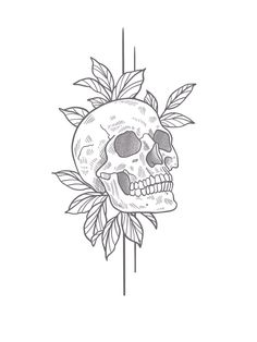 a black and white drawing of a skull with leaves