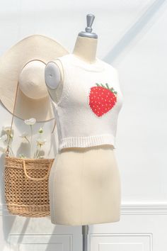 cute sweaters - a cropped top vest style with a strawberry print. front view. Strawberry Tops, Cute Sweaters For Fall, Unique Cardigan, Berry Picking, Sweater Refashion, French Girl Style, Cute Strawberry, Freshly Picked, Red Strawberry