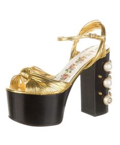 Designer Gold Platform Sandals, Gucci Designer Sandals For Formal Occasions, Gucci Designer Formal Sandals, Gucci Platform Sandals For Evening, Evening Gucci Platform Sandals, Evening Platform Gucci Sandals, Gucci Designer Platform Heels, Designer Gucci Platform Heels, Modern Gucci Sandals For Summer