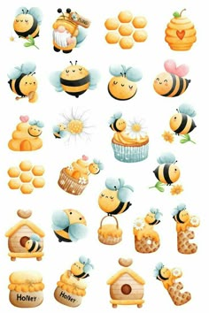 bees and honeycombs with the words happy on them in different languages, all grouped together