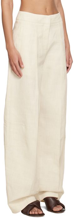 Wide-leg linen-blend canvas trousers. · Paneled construction · High-rise · Four-pocket styling · Zip-fly · Creased legs · Hammer loop at back pocket Part of the Le Raphia collection. Supplier color: Off-white Cotton Bottoms In Flax Color For Workwear, Cream Wide Leg Pants With Patch Pockets, Flax Cotton Pants For Work, Flax Cotton Pants For Workwear, Wide-leg Linen Pants With Patch Pockets, Linen Wide-leg Pants With Patch Pockets, Off White Linen Wide Leg Bottoms, Cream Linen Pants With Pockets, Cream Linen Workwear Pants