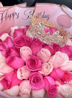 pink roses and a tiara in a box with happy birthday greetings on it