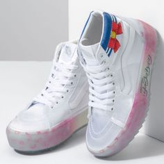 Vans X Sailor Moon Sk8-Hi Stacked Platform Shoe Sneaker Women's Size 5.5 Men's Size 4.0 White Vans High-top Sneakers, Vans White High-top Sneakers, White Vans High-top Sneakers With Contrast Sole, Spring High-top Sneakers With Translucent Outsole, White High-top Sneakers With Studded Outsoles, White High-top Sneakers With Abzorb Midsole For Spring, Sailor Moon Shoes, Velvet Vans, All Black Vans