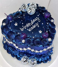 a stunning navy blue, purple and silver birthday cake with mini disco balls and purple sparkly cherries 26 Cake Ideas, Navy Blue Icing, Blue Birthday Cake Ideas, Blue Cake Ideas Birthday, Scorpio Aura, Mini Disco Balls, Blue Velvet Cake, Blue Velvet Cakes