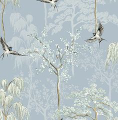 Bird Garden Wallpaper in Light Blue by NextWall Japanese Theme Wallpaper, Japanese Garden Wallpaper, Wallpaper Japanese, Wallpaper Display, Wisteria Tree, Shadow Silhouette, Farm Living, Garden Wallpaper, Drops Patterns