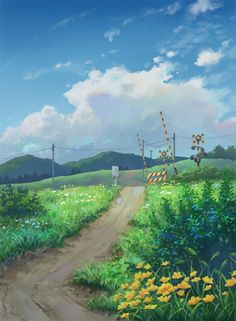 a painting of a dirt road in the middle of a green field with yellow flowers