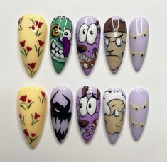 Courage Nails, Regular Show Nails, Courage The Cowardly Dog Nails, 90s Cartoon Nails, 90s Cartoon Nails Acrylic, Adventure Time Nails, Character Nail Art, Rounded Acrylic Nails, Halloween Nails Diy