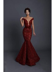 Off Shoulder Mermaid Dress, Tarik Ediz Dresses, Engagement Photo Dress, Satin Gowns, African Wedding Attire, Classy Wedding Dress, Tarik Ediz, Red Wedding Dresses, Traje Casual